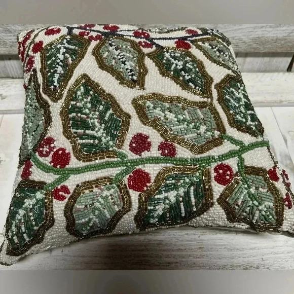 Cherished Traditions Holly & Berry Beaded Accent Pillow Christmas Decor - Picture 3 of 15